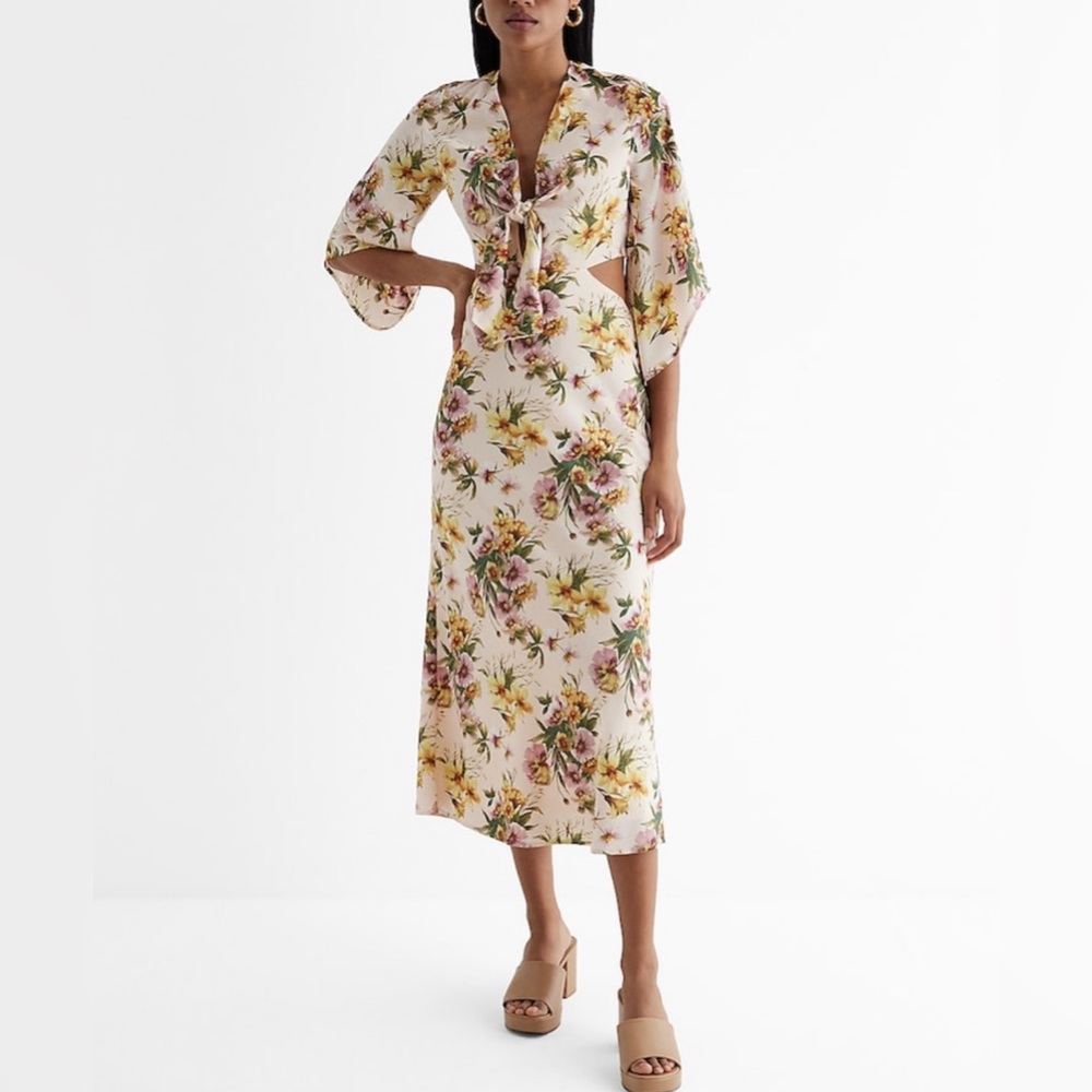 Express Satin Floral V-Neck Tie Front Cutout Midi Dress